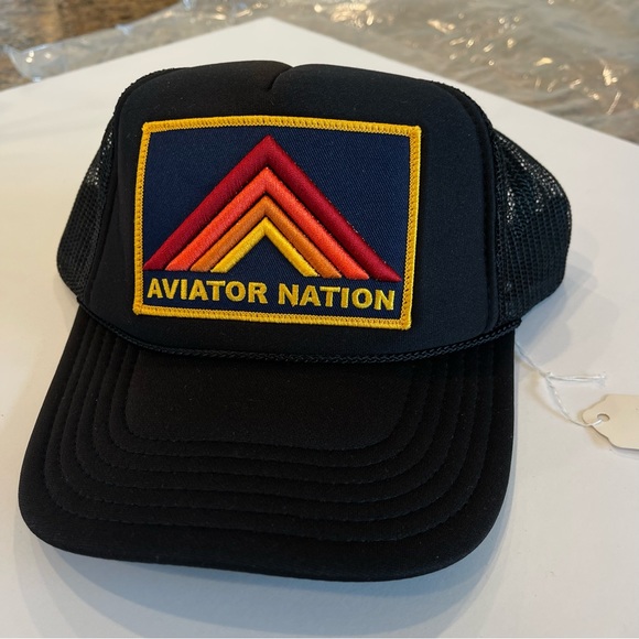 NWT Aviator Nation Vintage mesh Trucker Hat Mountain Stripe Patch Logo β black - Picture 11 of 14